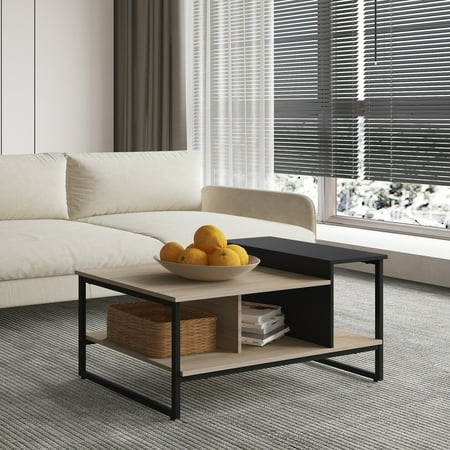 Homooi Modern 2-Tier Coffee Table with Floating AV Wall Shelf, Black