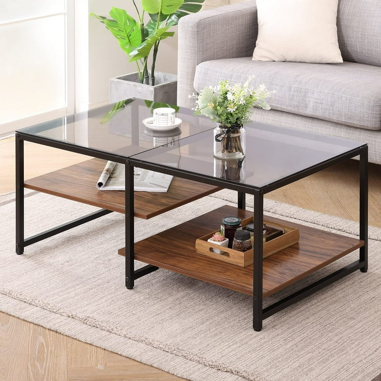 Homooi Modern Metal Frame and Glass Top Coffee Table Brown Black
