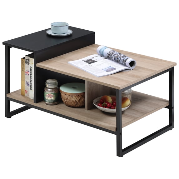 Homooi Modern Wood and Metal Coffee Table with Storage, Oak/Black