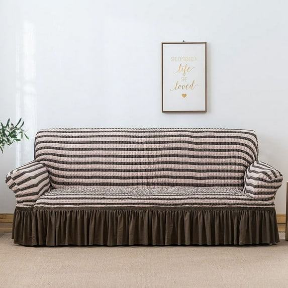 Homore 1 Piece Sofa Slipcover with Pleated Ruffled Skirt Washable High Stretch Durable Furniture Protector,4 Seater,Striped Coffee