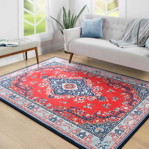 Homore Antique Floral Faux Wool Area Rug, 4' x 6', Red Blue