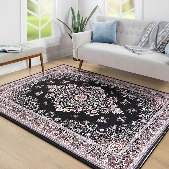 Homore Antique Floral Faux Wool Area Rug,5' x 8', Black