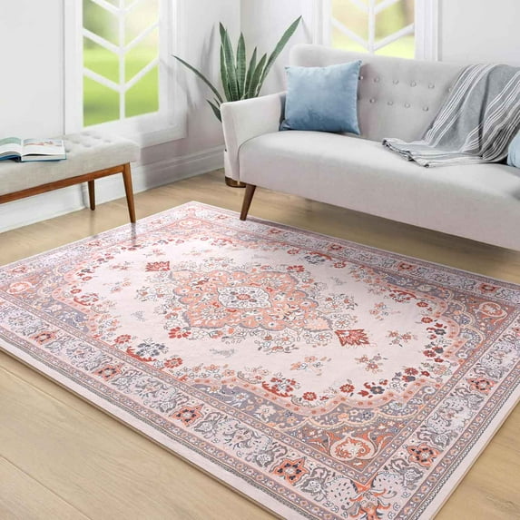 Homore Antique Floral Faux Wool Area Rug, 6' x 9', Camel