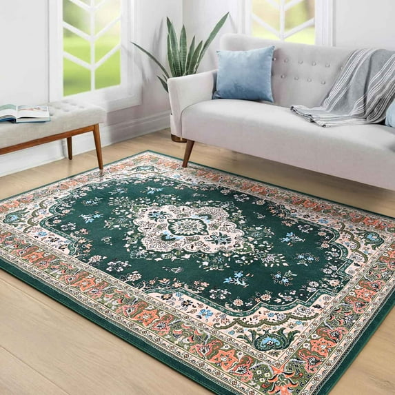 Homore Antique Floral Faux Wool Area Rug,7' x 10', Green
