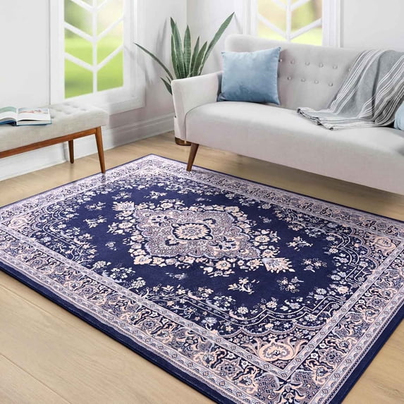 Homore Antique Floral Faux Wool Area Rug,9' x 11', Blue
