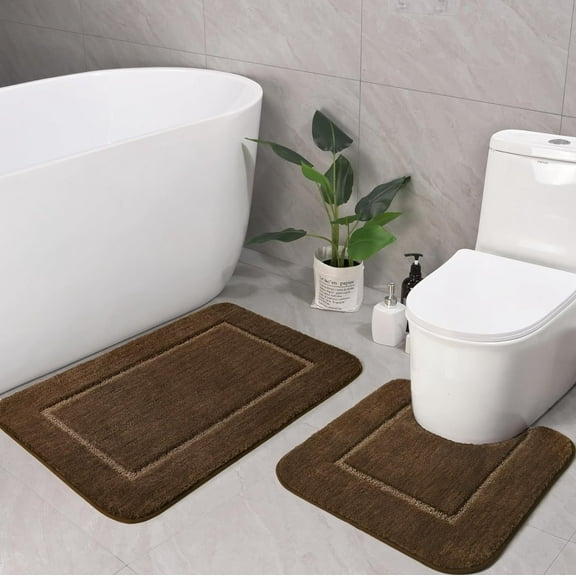 Homore Bathroom Rugs Sets, Luxury Bath Mat Set Anti-Slip Bath Rug and U-Shaped Toilet Mat Brown
