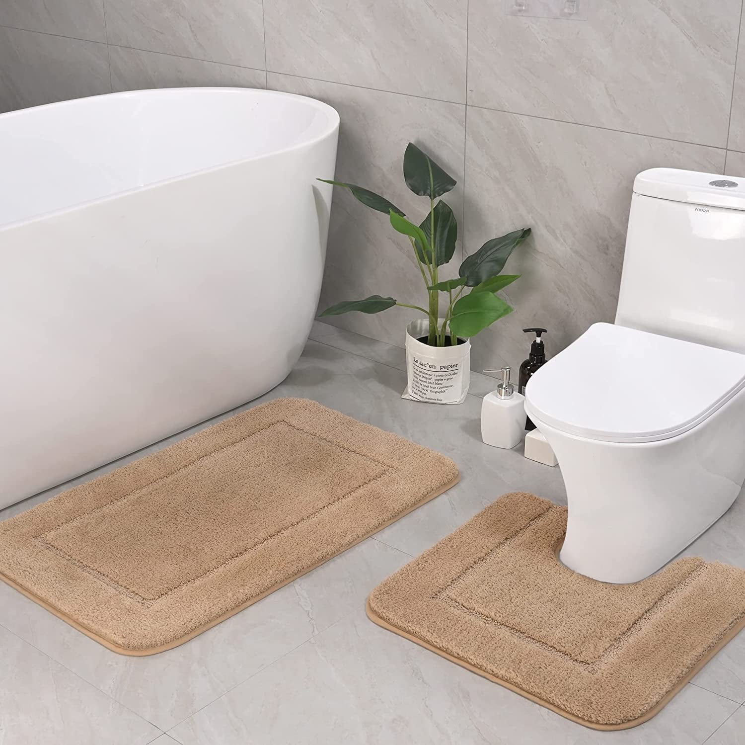Homore Bathroom Rugs Sets, Luxury Bath Mat Set Anti-Slip Bath Rug and U-Shaped Toilet Mat Camel ...