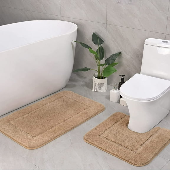 Homore Bathroom Rugs Sets, Luxury Bath Mat Set Anti-Slip Bath Rug and U-Shaped Toilet Mat Camel