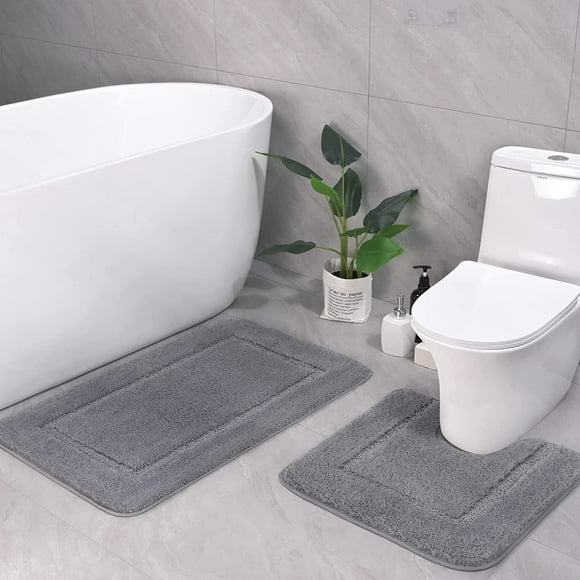 Homore Bathroom Rugs Sets, Luxury Bath Mat Set Anti-Slip Bath Rug and U-Shaped Toilet Mat Gray