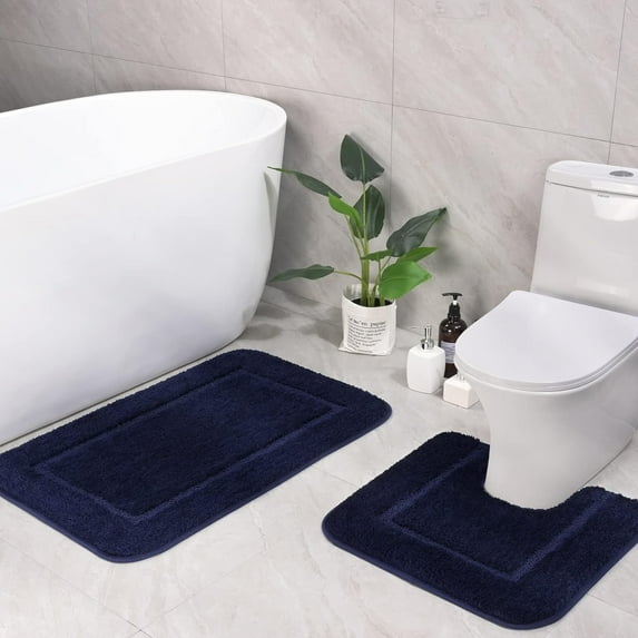 Homore Bathroom Rugs Sets, Luxury Bath Mat Set Anti-Slip Bath Rug and U-Shaped Toilet Mat Navy Blue
