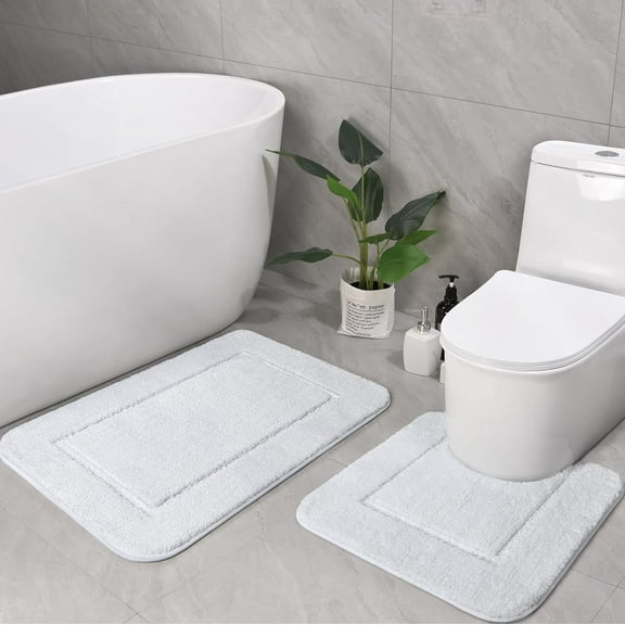 Homore Bathroom Rugs Sets, Luxury Bath Mat Set Anti-Slip Bath Rug and U-Shaped Toilet Mat White