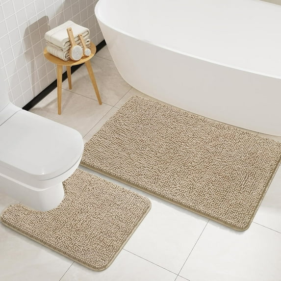 Homore Bathroom Rugs Sets, Luxury Bath Mat Set Anti-Slip Chenille Bath Rug and U-Shaped Toilet Mat Camel