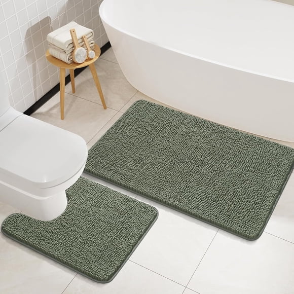 Homore Bathroom Rugs Sets, Luxury Bath Mat Set Anti-Slip Chenille Bath Rug and U-Shaped Toilet Mat Gray Green