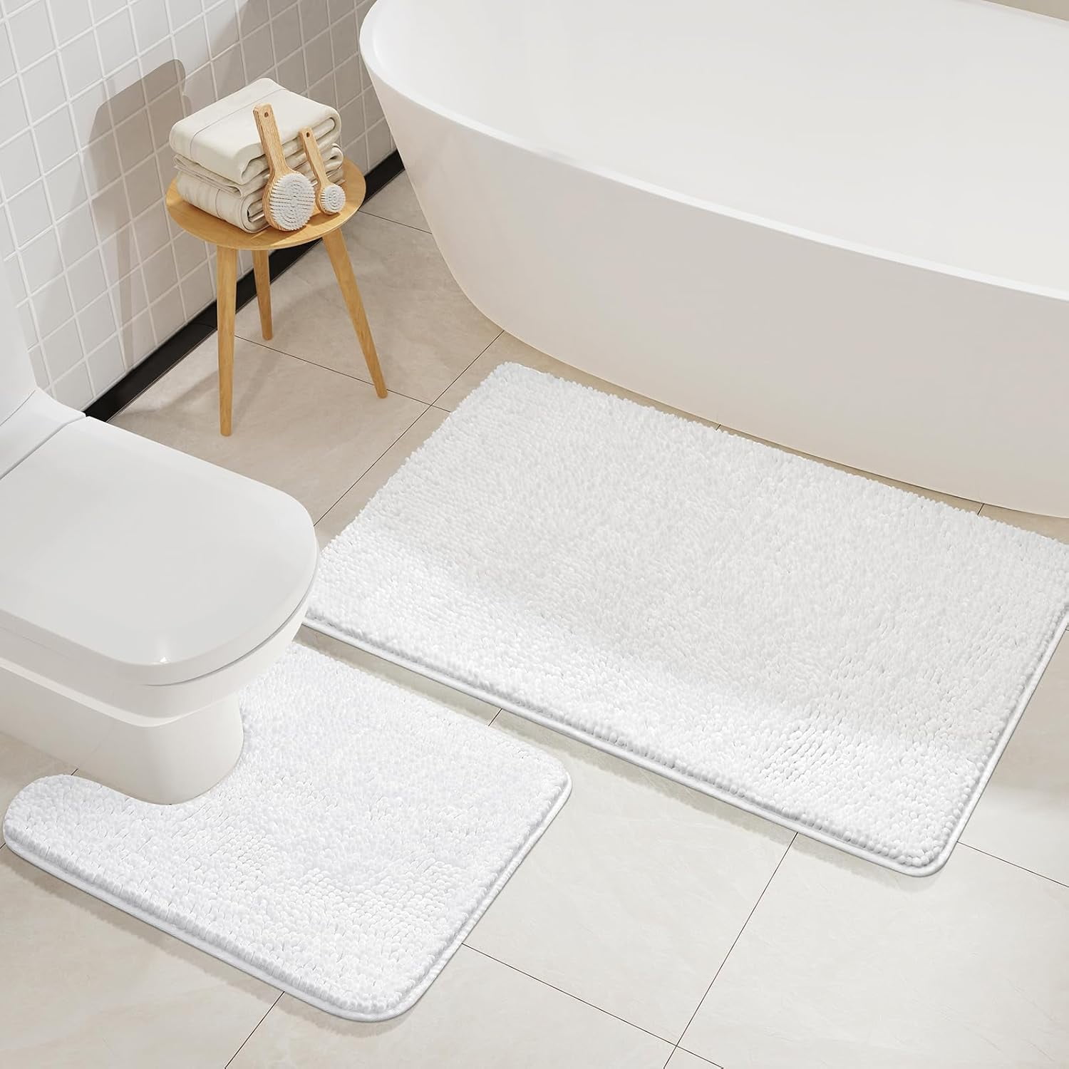 Homore Bathroom Rugs Sets, Luxury Bath Mat Set Anti-Slip Chenille Bath Rug and U-Shaped Toilet Mat White