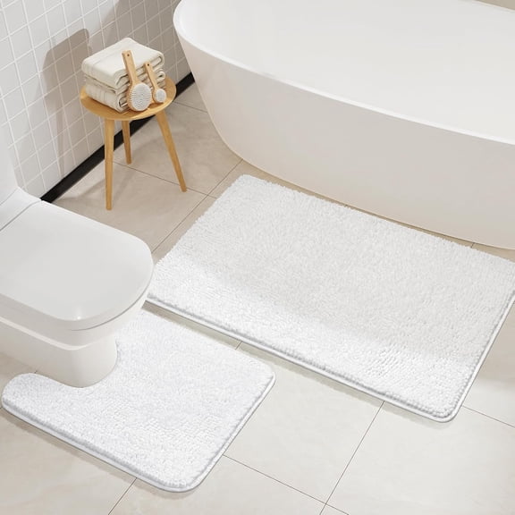 Homore Bathroom Rugs Sets, Luxury Bath Mat Set Anti-Slip Chenille Bath Rug and U-Shaped Toilet Mat White