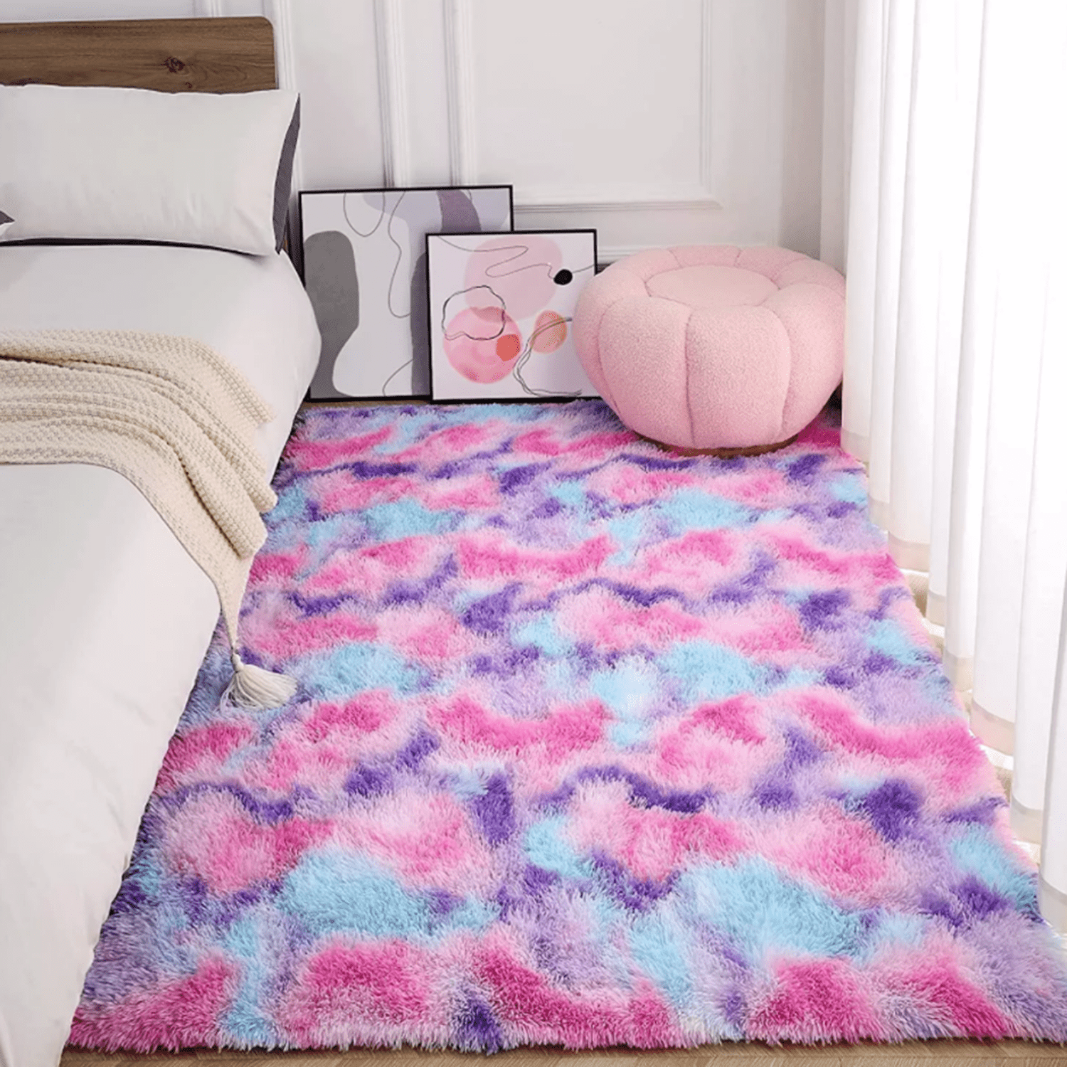 Homore Cute Fluffy Rainbow Area Rugs for Girls Room, Soft Shaggy Colorful Rugs Plush Floor Carpets Princess Rug for Bedroom,5'x8',Hot Pink