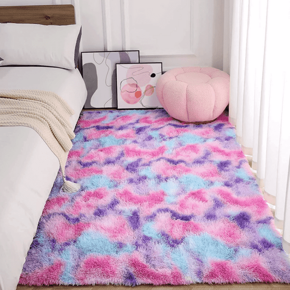 Homore Cute Fluffy Rainbow Area Rugs for Girls Room, Soft Shaggy Colorful Rugs Plush Floor Carpets Princess Rug for Bedroom,5'x8',Hot Pink