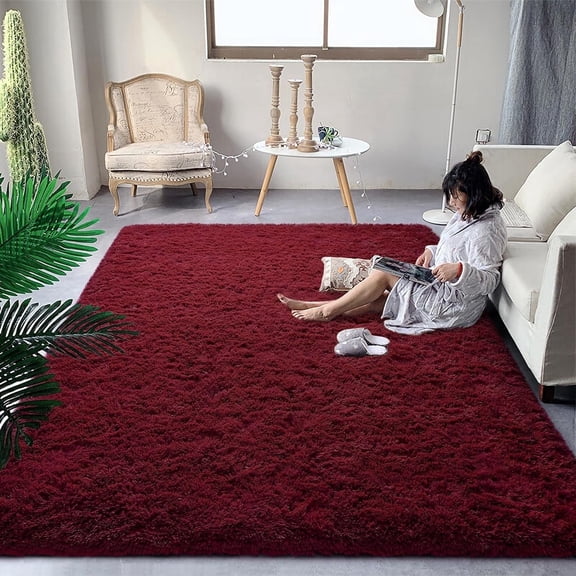 Homore Cute Fluffy Velvet Carpet Soft Washable Area Rugs for Bedroom/ Living Room Decoration,8'x10',Dark Red