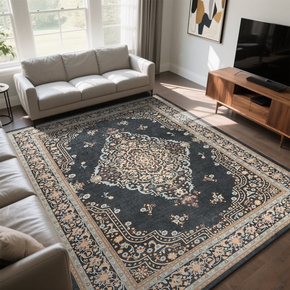 Homore Dark Grey Floral Medallion Area Rug Non Slip Carpet for Modern Living Rooms, 4' x 6'