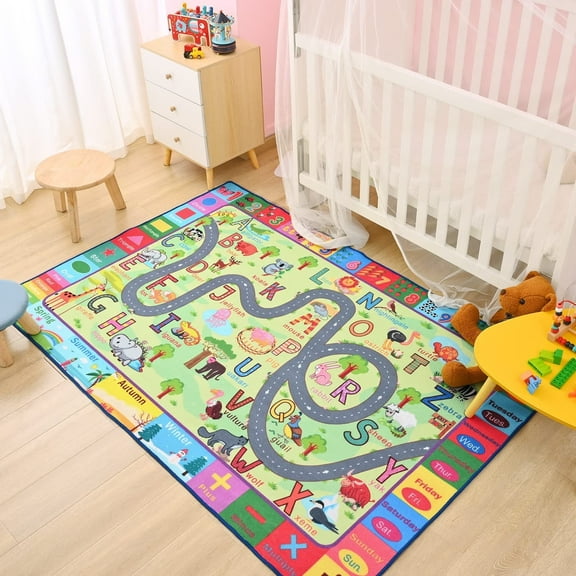 Homore Kids Car Rugs, Versatile ABC Learning Play Mats with Road Numbers Animals, Cute Carpet for Toddler Gift, 47"x 71"