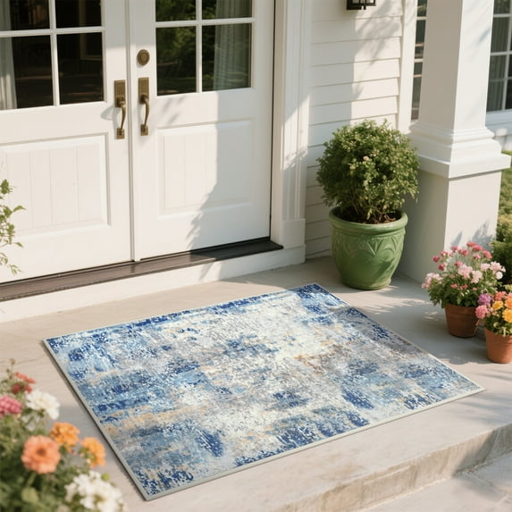 Homore Modern Distressed Abstract Faux Wool Area Rug, 2' x 3', Blue