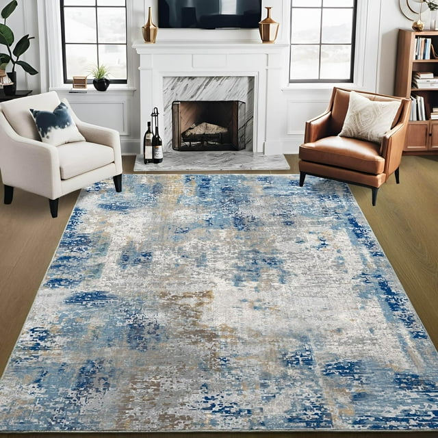 Homore Modern Distressed Abstract Faux Wool Area Rug, 5' x 7', Blue