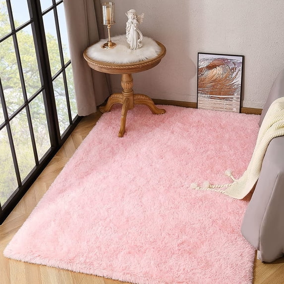 Homore Modern Shaggy Velvet Carpet for Living Room, 4' x 5.3' , Pink