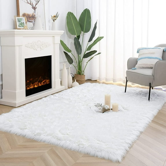 Homore Modern Soft Faux Bedroom Carpet, Outdoor Rugs, 4' x 6' , White