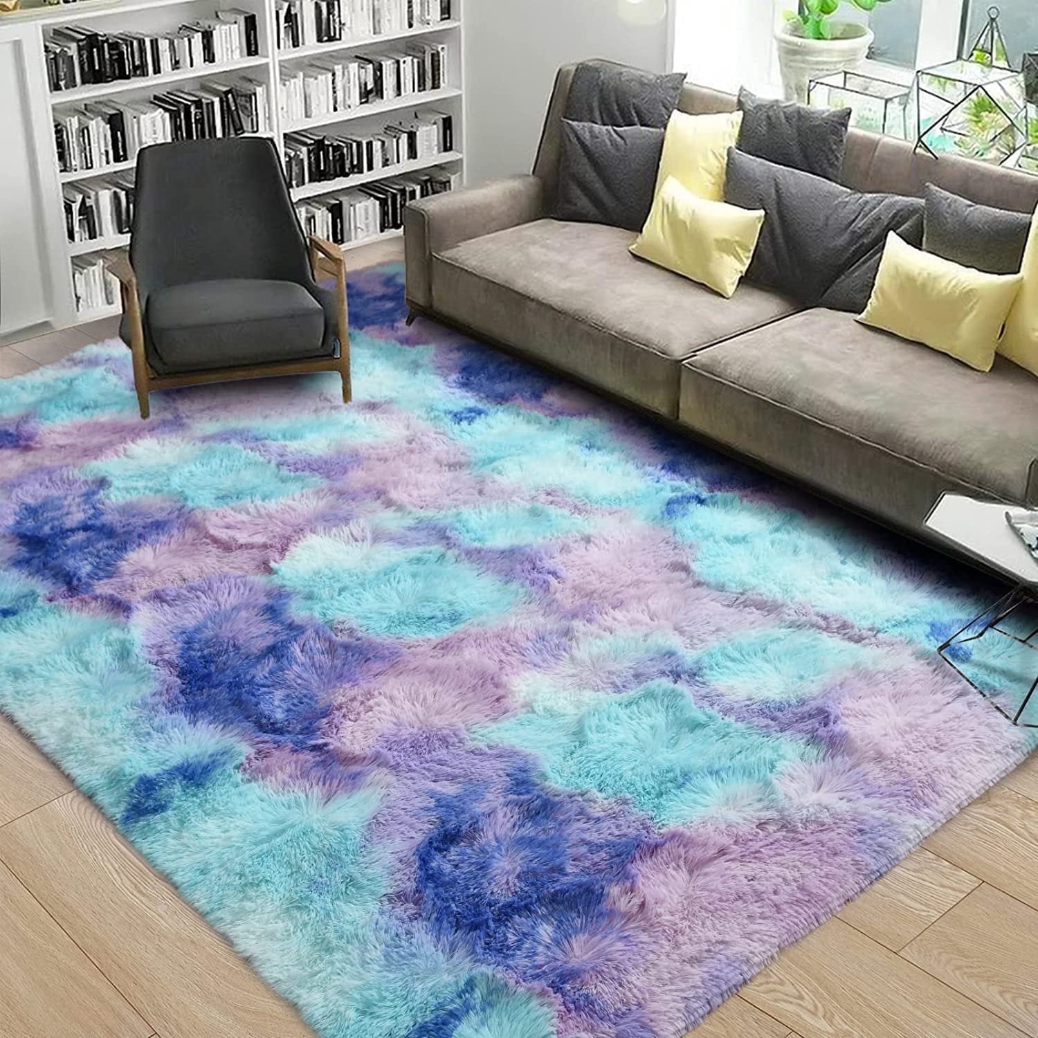 Homore Shag Area Rug,Tie-Dyed Blue Purple Indoor Ultra Soft Plush Rugs for Living Room，Fluffy Carpet For Bedroom,5'X 8',Blue Purple