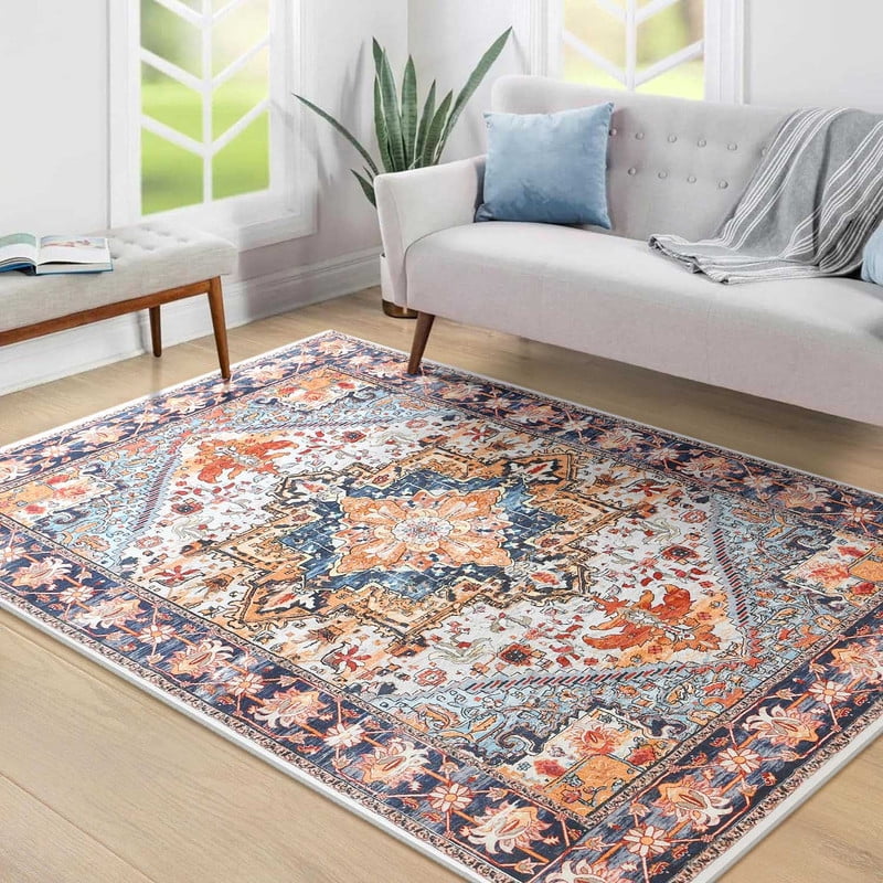 Vintage Boho 4' x 6' Blue and Orange Synthetic Area Rug