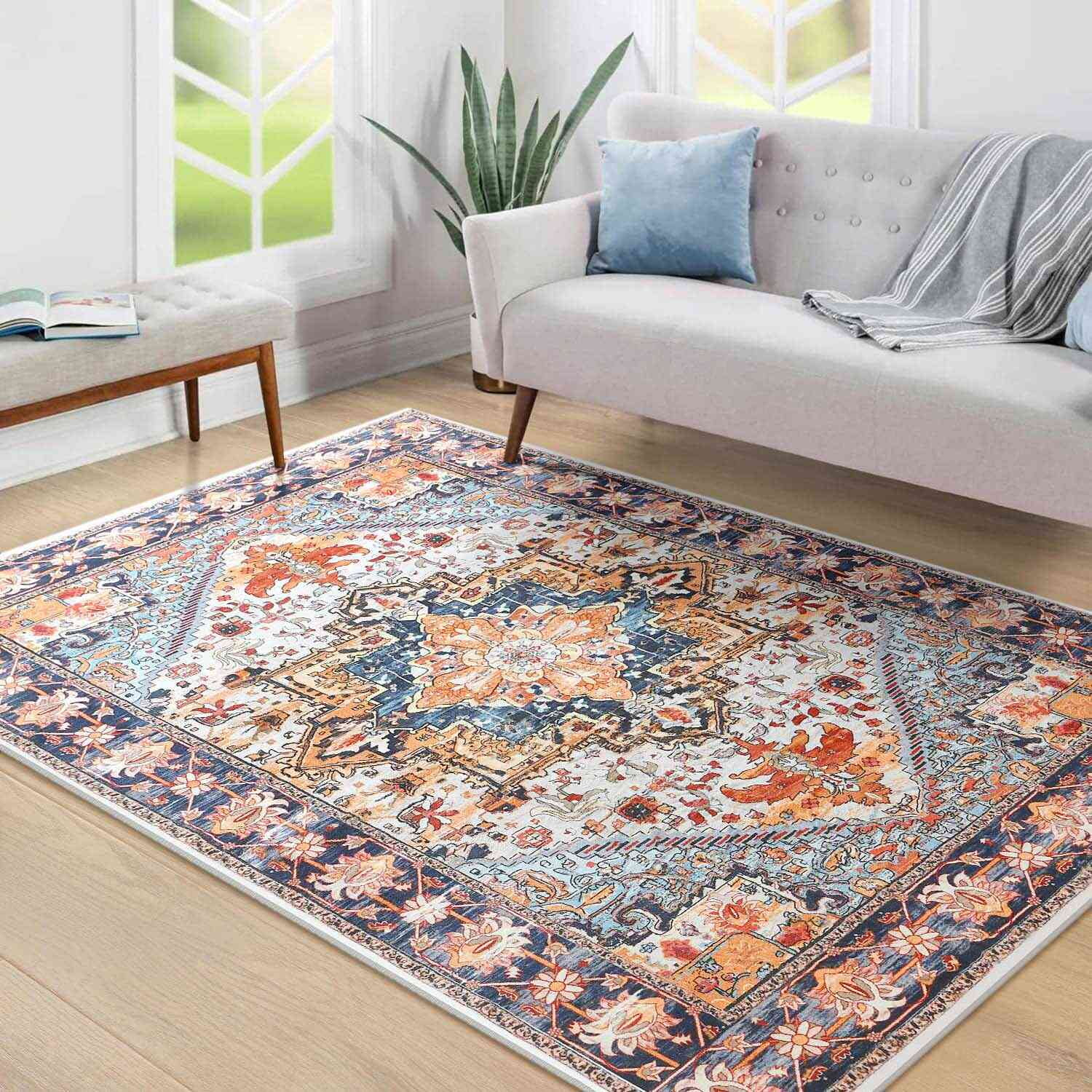 Vintage Boho 4' x 6' Blue and Orange Synthetic Area Rug