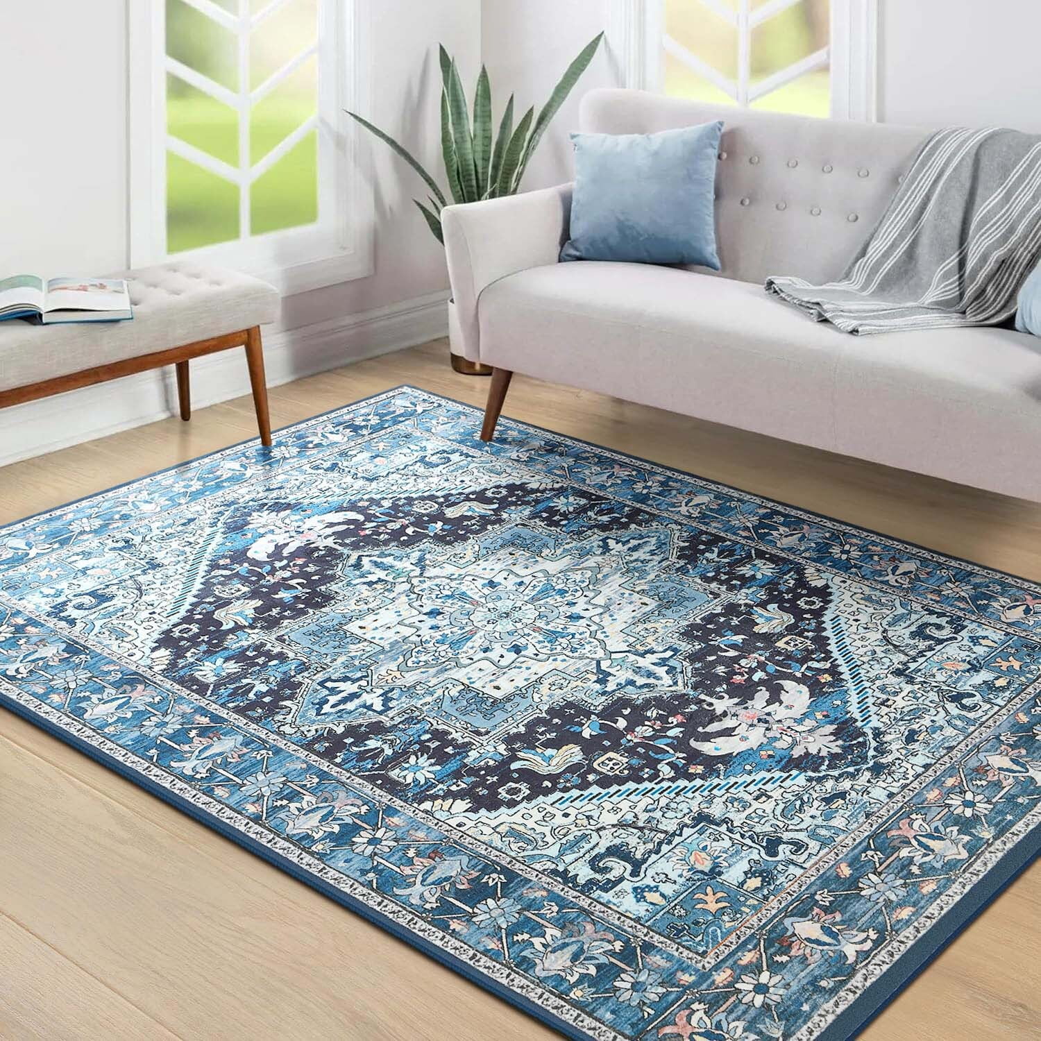 Homore Vintage Boho Oriental Medallion Area Rug, 5' x 8', Blue