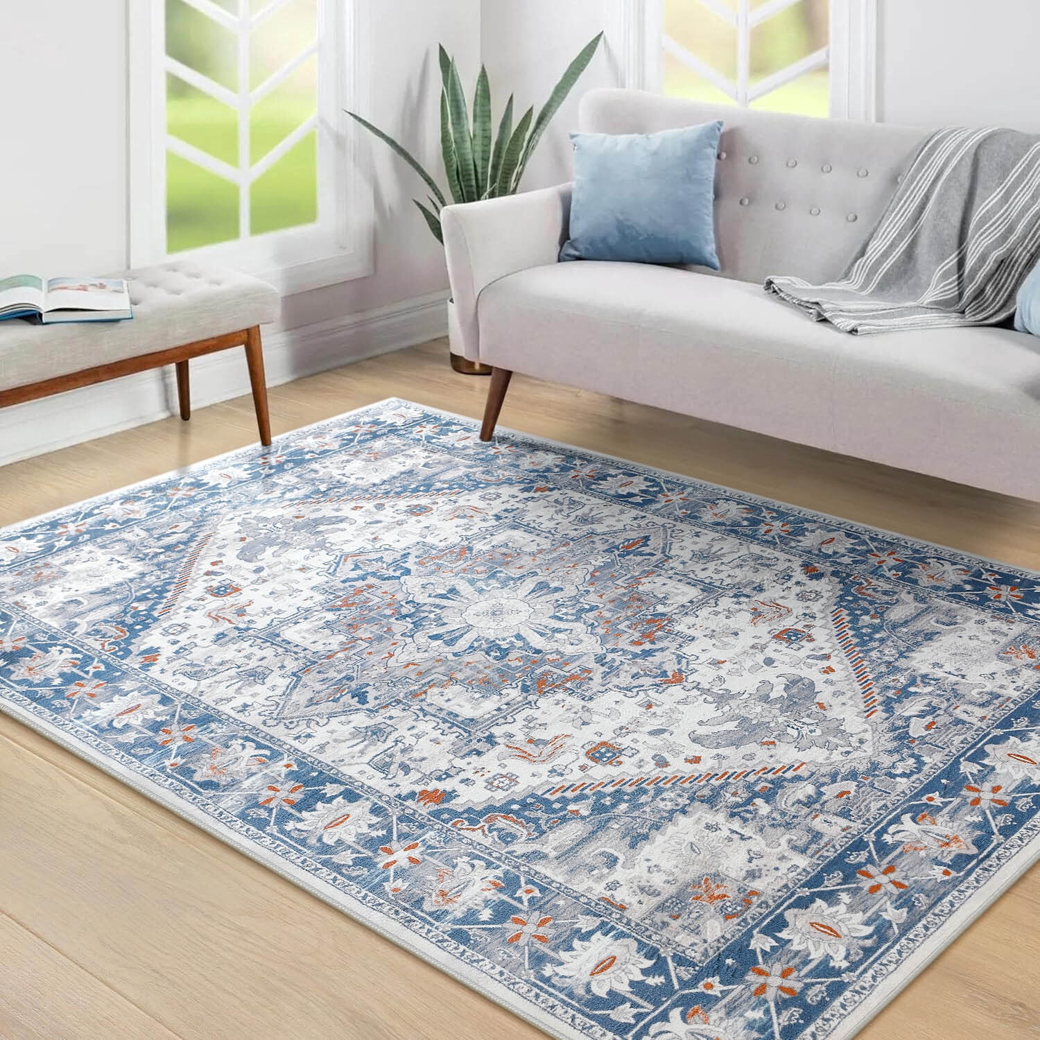 Homore Vintage Boho Oriental Medallion Area Rug, 6' x 9', Off-White