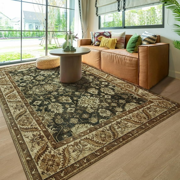 Homore Vintage Boho Traditional Oriental Faux Wool Area Rug, 4' x 6', Brown