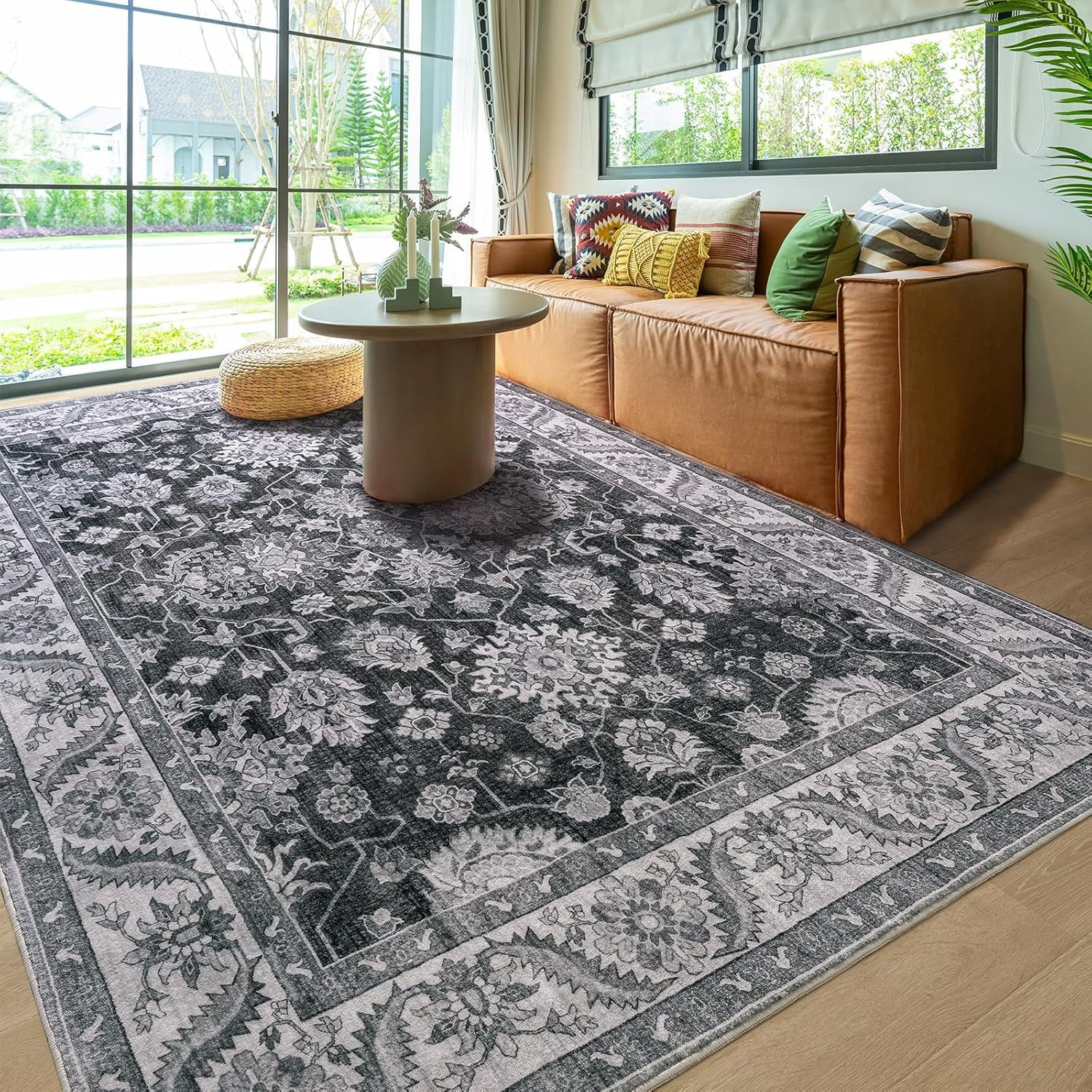 Homore Vintage Boho Traditional Oriental Faux Wool Area Rug, 4' x 6', Gray