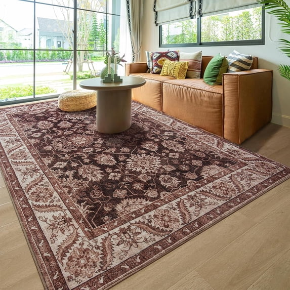 Homore Vintage Boho Traditional Oriental Faux Wool Area Rug, 4' x 6', Reddish brown