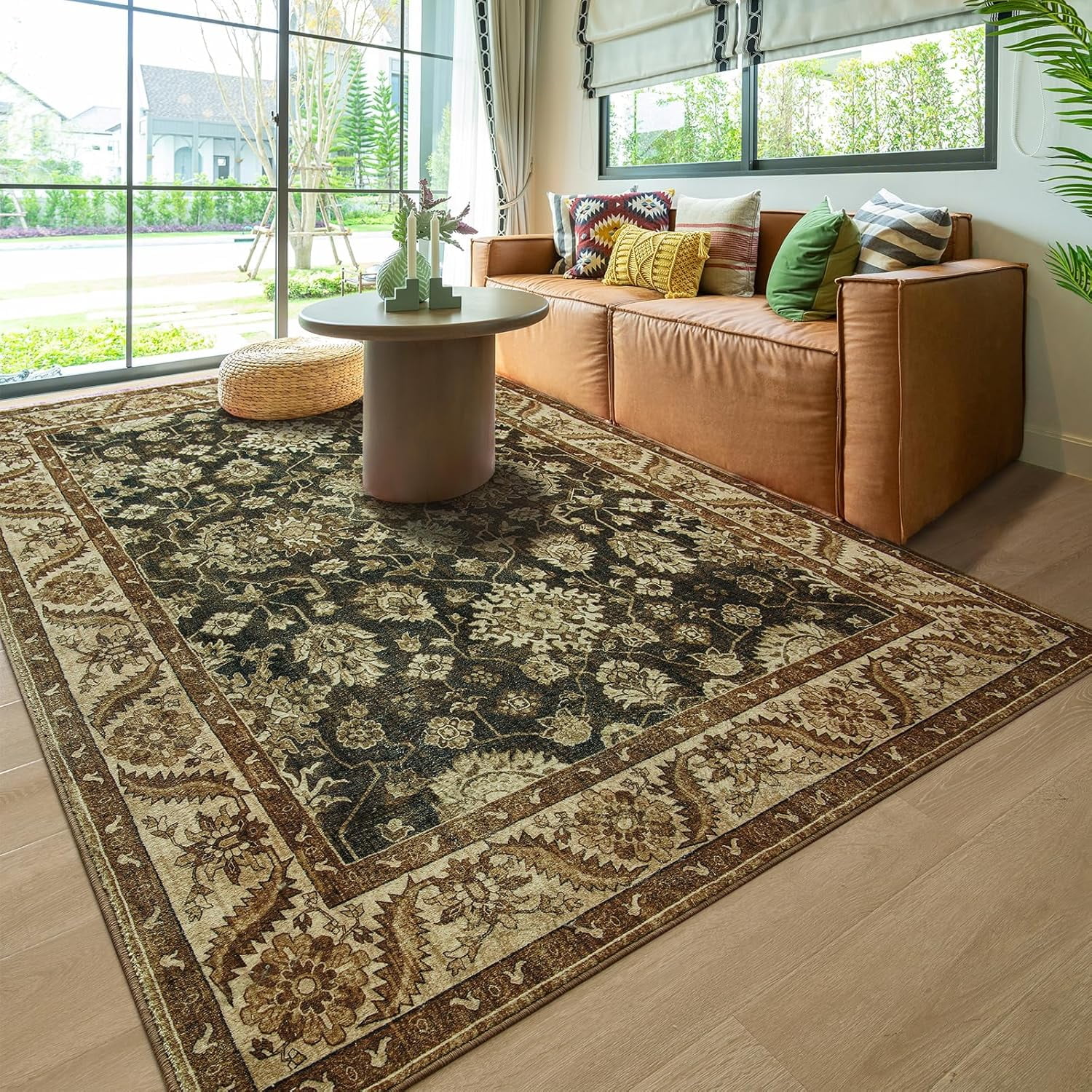 Homore Vintage Boho Traditional Oriental Faux Wool Area Rug, 5' x 7', Brown