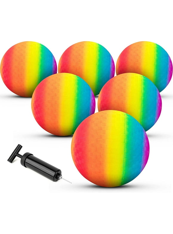 Homotte 6 Pcs Rainbow Playground Balls for Kids, 5 Inch Kickball Dodgeball Handball Set for Indoor & Outdoor Activities with Hand Pump