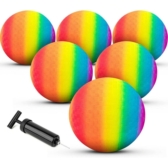 Homotte 6 Pcs Rainbow Playground Balls for Kids, 5 inch Kickball Dodgeball Handball Set for Indoor & Outdoor Activities with Hand Pump