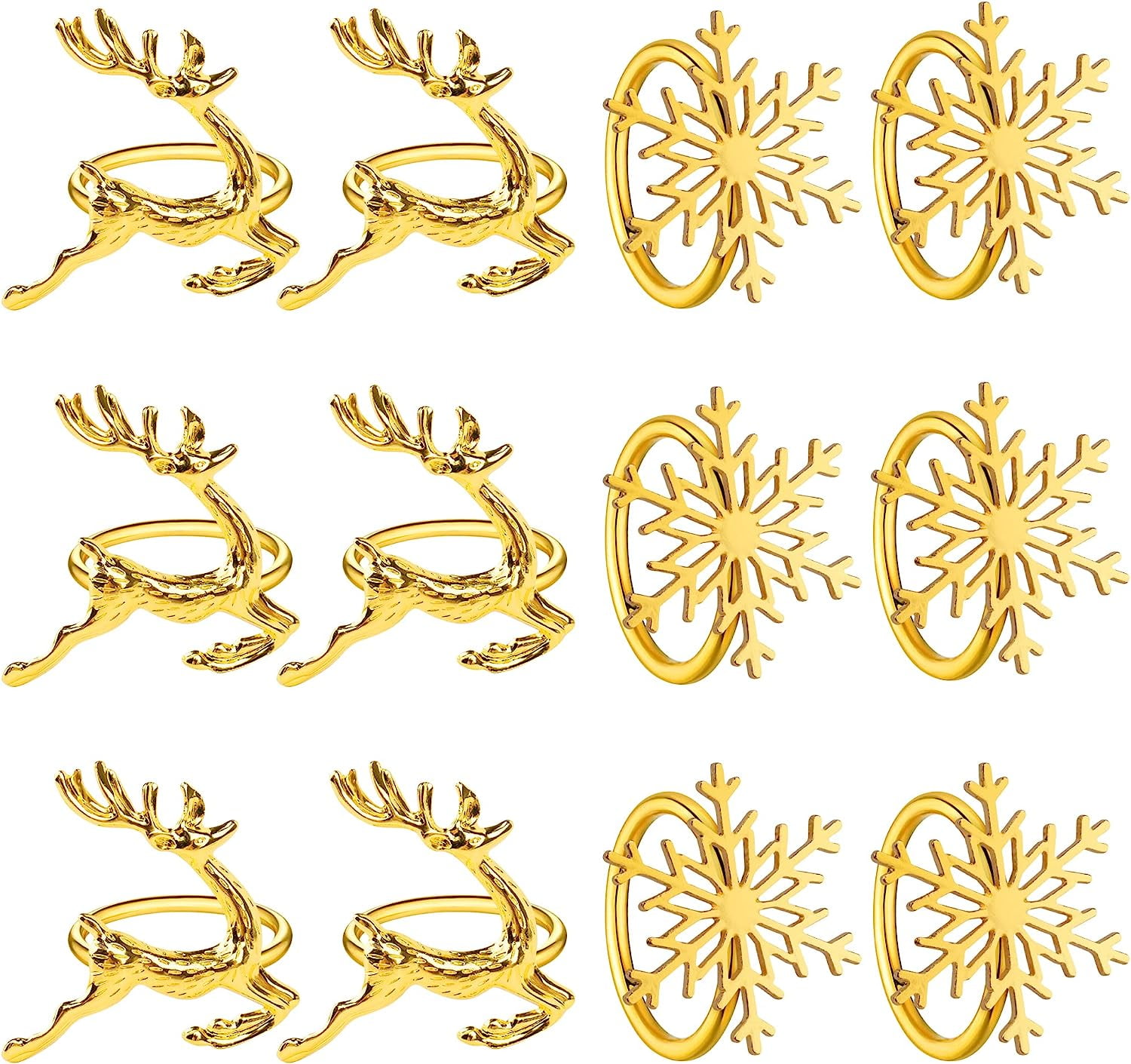 Homotte Gold Christmas Napkin Rings Set of 12, Christmas Reindeer and Snowflake Napkin Holders