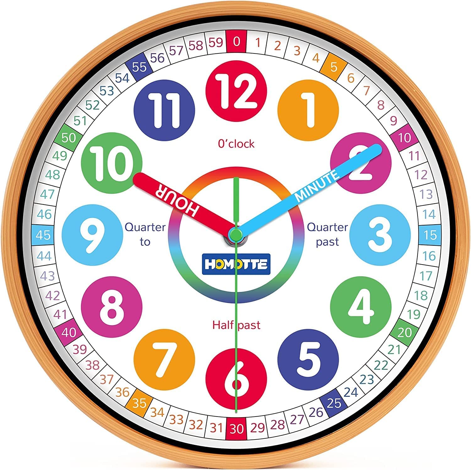 Homotte Kids Wall Clock for Bedroom, 10 inch Round Multi-Colored Learning Clock, Children's Silent Analog Non-Ticking Educational Wall Clock for Boys and Girls Classroom Home Decor - image 1 of 7
