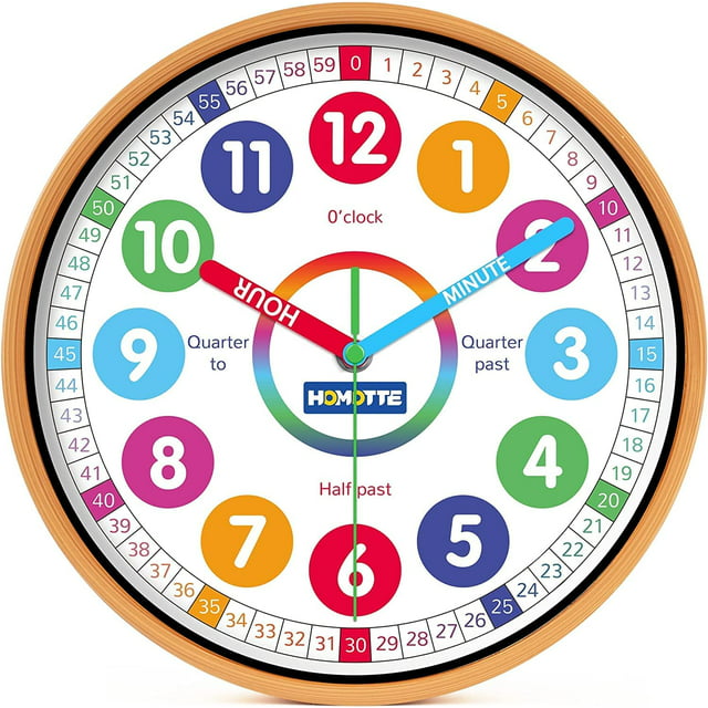 Homotte Kids Wall Clock for Bedroom, 10 inch Round Multi-Colored Learning Clock, Children's Silent Analog Non-Ticking Educational Wall Clock for Boys and Girls Classroom Home Decor