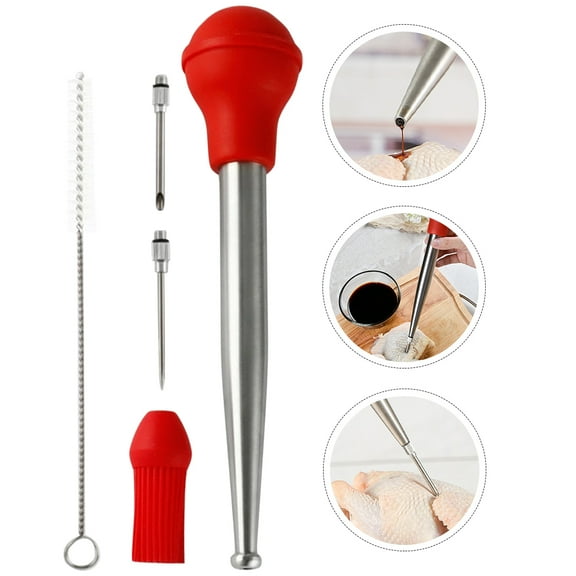 Homoyoyo Silicone and Metal Baster Syringe for Barbecue Marinade and Cooking, 1 Set, Kitchen Tool for Grilling and Baking