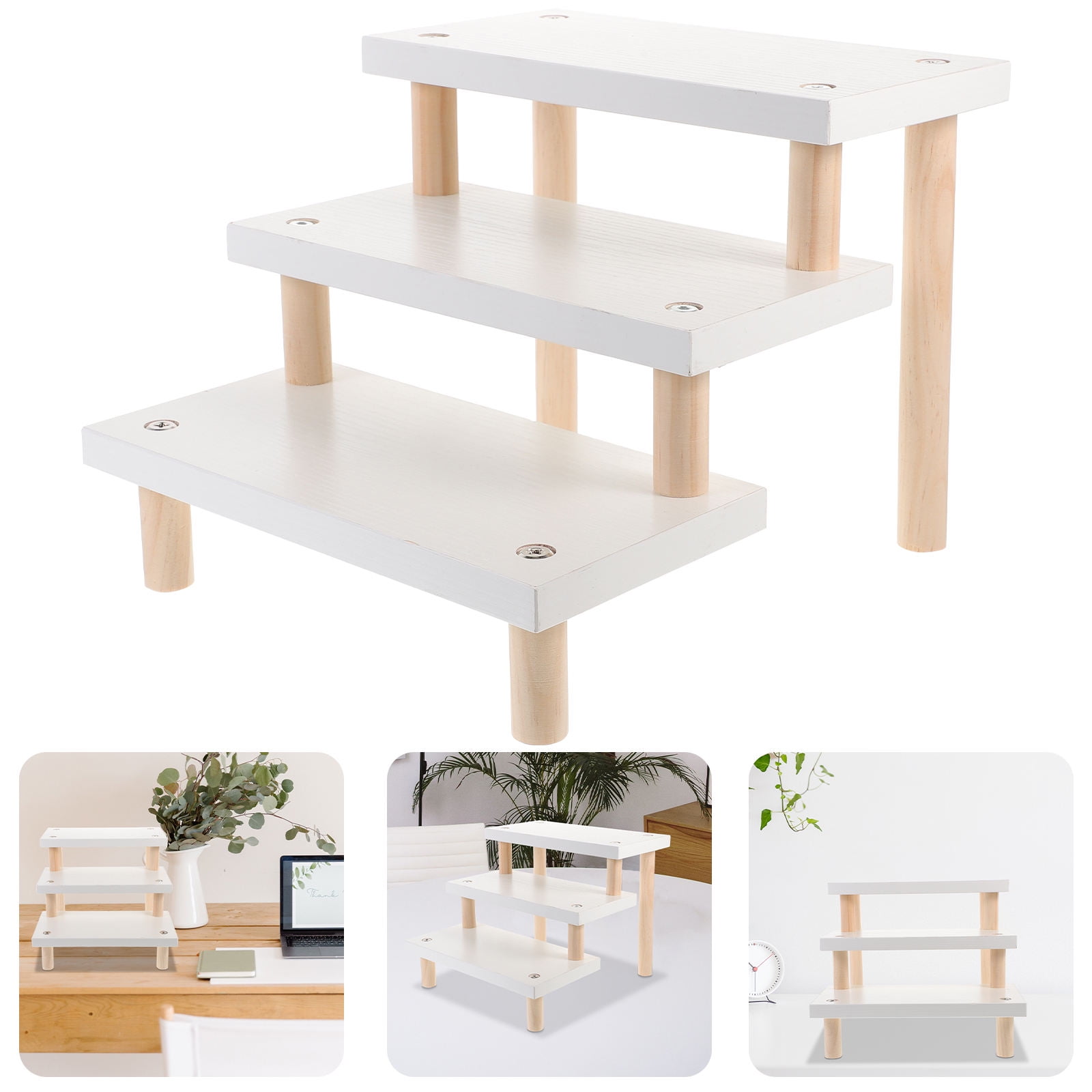 Homoyoyo 1Pack 3 Tier Display Shelf White Wooden Display Risers For ...