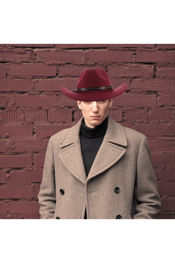 Dark Red Nylon Western Cowboy Hat for Women's Stylish Wide Brim Fashionable Ethnic Design 70s Fall Winter Size