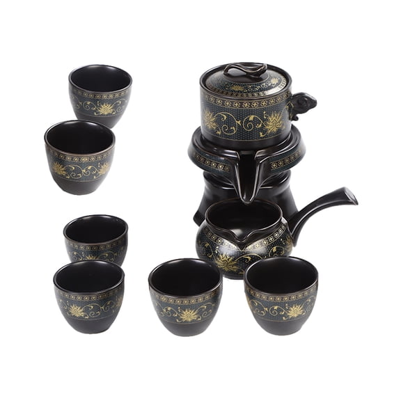 Homoyoyo 1Set Home Tea Set Black Ceramic Teapot Classic Style with Semi Automatic Pouring Feature