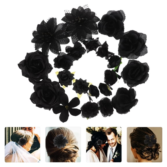 Homoyoyo 21pcs Black Artificial Rose Flower Hairpins for Women Bridal Wedding Party Accessories