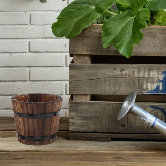 Homoyoyo Brown Carbonized Wood Flower Pots Rustic Wooden Barrel for Home Decor 2Pcs