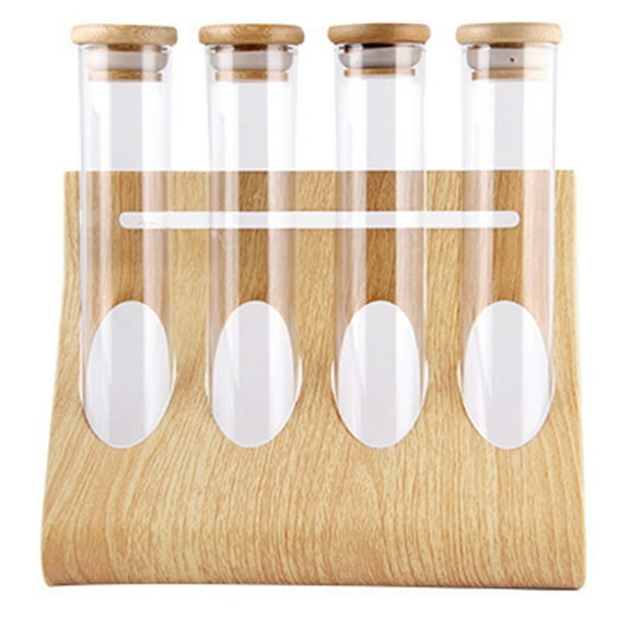 Homoyoyo Wooden Coffee Beans Display Rack with Clear Tube Glass Bottles, Light Brown, for Displaying