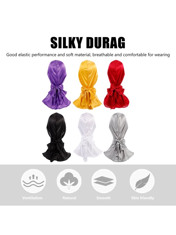 6Pcs Long Tail Silk Caps Elastic Headwrap Hats Breathable Chemo Hat for Home Assorted Colors